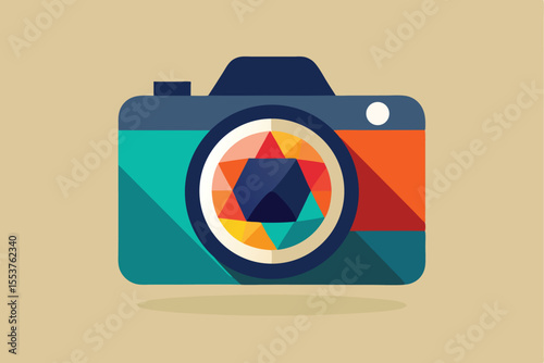 Colorful geometric camera icon with a vibrant lens design showcasing modern photography aesthetics and creativity in a flat style on a beige background