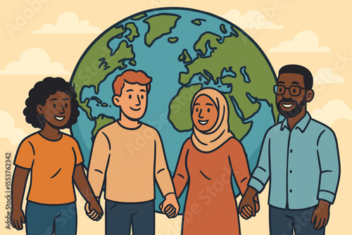 Diverse People Holding Hands in Unity, Multicultural Group Standing Together in Front of Globe, International Friendship, Inclusion, Solidarity, Teamwork, Peace, Equality, Vector Illustration