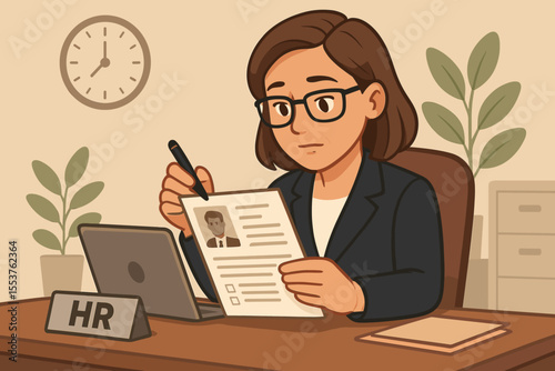 Human Resources Manager Reviewing Resume at Office Desk. Recruitment Process, Job Interview, Candidate Selection, HR Professional Evaluating Application. Vector Illustration, Modern Workplace
