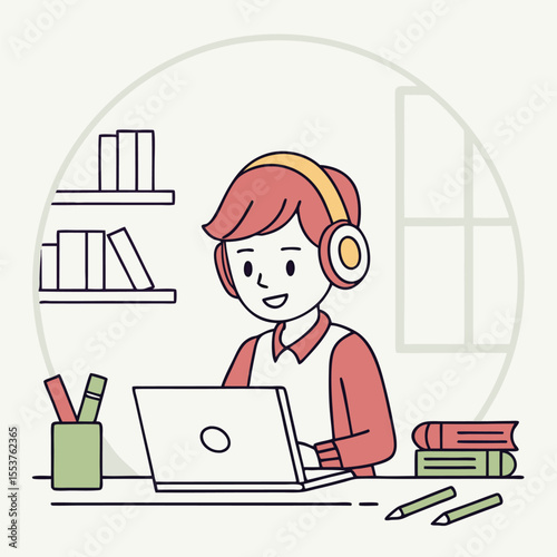 Smiling guy in headphones uses laptop at desk with bookcase background