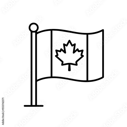 Canadian flag on simple stand. Canadian maple leaf flag waving gently in breeze. Simple line art design perfect for Canada Day celebrations, creating patriotic themed cards or invitations.