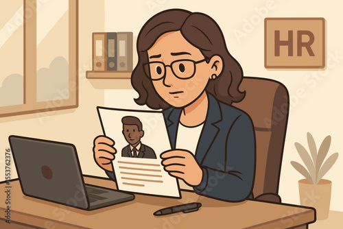 Human resources manager reviewing resume for job vacancy. Office interview process. Recruitment, hiring, candidate selection. Professional HR woman analyzing CV at desk. Vector cartoon illustration