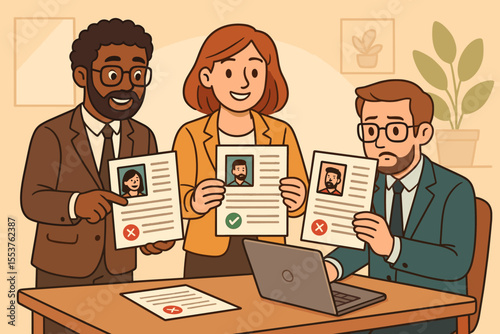 Human Resources Team Reviewing Resumes for Recruitment, Diverse Business Professionals Evaluating Job Applications, Hiring Process, Candidate Selection, Interview Decision, Office Vector Illustration