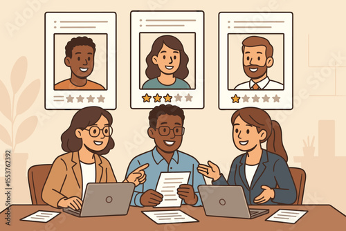 Human Resources Team Evaluating Job Applicants, Reviewing Resumes, Rating Candidates, Recruitment Process, Office Collaboration, Interview Selection, Hiring Decision, Vector Illustration