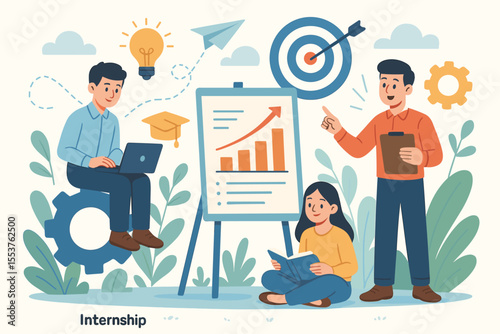 Internship training program for career development, skill enhancement, professional growth, teamwork, business education, goal achievement, mentoring, learning, vector illustration