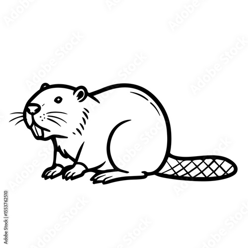 North American beaver Castor canadensis illustration.  Detailed drawing of beaver shows rodent's strong teeth and scaly tail.