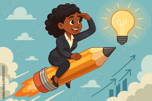 Ambitious African American Businesswoman Riding Pencil Rocket, Searching for Creative Ideas, Innovation, Inspiration, Business Growth, Success, Leadership, Cartoon Vector Illustration, Motivation