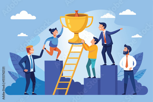 Businessmen ascend ladders toward success, collaborating to achieve victory represented by a large trophy on a sunny day