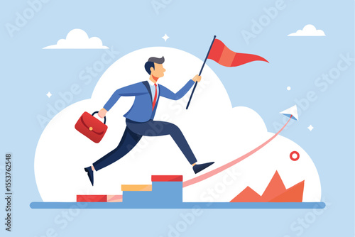 Progressing towards success by overcoming challenges while holding a flag symbolizes achievement and determination on a journey to reach goals in a professional setting