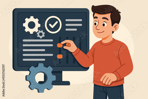 Cartoon man adjusting system settings on computer. User interface customization with control panel, gears, sliders, configuration, technology management. Vector illustration for IT, software, admin.