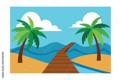 Tropical Beach Paradise Wooden Dock, Palm Trees, Ocean View Illustration