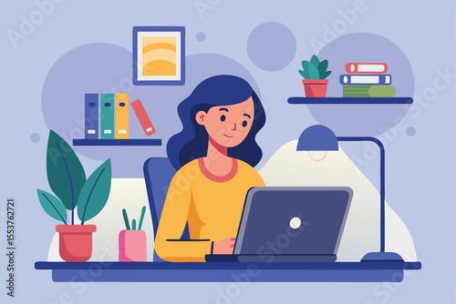 Woman seated at a desk working intently on a laptop in a bright and organized workspace surrounded by plants and books