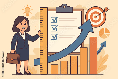 Businesswoman Measuring Progress and Achieving Goals, Key Performance Indicators, Growth Chart, Checklist, Target Success, Data Analysis, Vector Cartoon Illustration for Business Strategy
