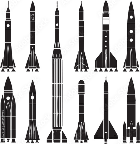 Space rocket vector illustration with icon set showing silhouette design isolated on white background, missile icon, for free