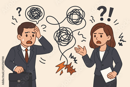 Business Communication Breakdown, Misunderstanding and Confusion Between Colleagues, Office Conflict, Workplace Stress, Problem Solving, Vector Cartoon, Businessman and Businesswoman Discussion