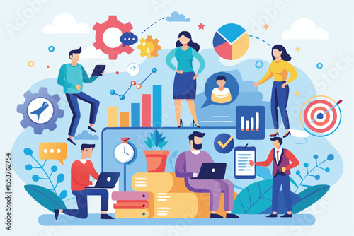 Business teamwork concept vector illustration depicting collaboration, communication, and productivity among diverse team members in a modern workspace setting