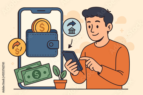 Mobile banking transaction with digital wallet app, online money transfer, smartphone payment, financial technology, sending and receiving funds, cashless economy, vector cartoon illustration