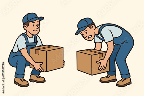 Proper vs Improper Lifting Techniques for Heavy Boxes Safety Ergonomics. Cartoon Vector Illustration of Workers Demonstrating Manual Handling, Workplace Injury Prevention, Correct Posture