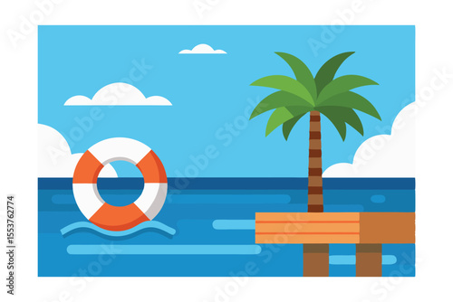 Tropical Beach Scene Palm Tree, Life Ring, and Calm Ocean Waters