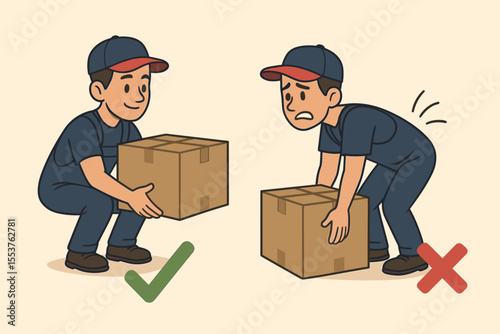 Proper and Improper Lifting Techniques for Heavy Boxes. Cartoon Vector Illustration of Safe Manual Handling, Correct Posture, Workplace Safety, Ergonomics, Injury Prevention, Moving, Delivery Workers