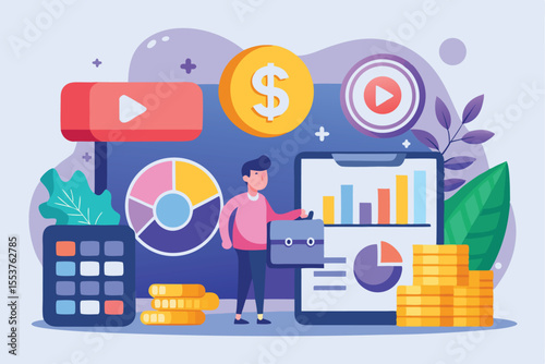 Animated concept for budget planning featuring graphs, coins, and a calculator with a character illustrating financial management strategies