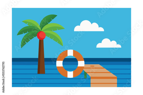 Tropical Beach Scene Palm Tree, Life Ring, and Wooden Dock Illustration