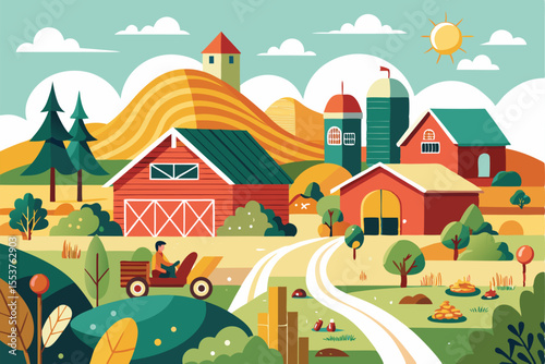 Rustic farm landscape featuring a barn, silo, and tractor amidst rolling hills and trees during a sunny day with a clear sky