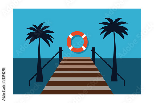 Tropical Paradise Wooden Dock, Life Ring, Palm Trees, Ocean Escape
