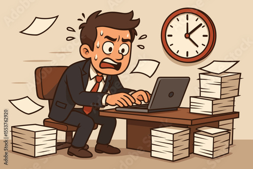Stressed overworked businessman racing against deadline at office desk, sweating under pressure, surrounded by paperwork, typing frantically on laptop, time management crisis cartoon vector