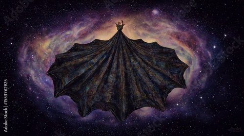 Ethereal Woman in Cosmic Dress Draped in Stars Against a Majestic Galaxy Background, Symbolizing Beauty and Mystique in the Universe