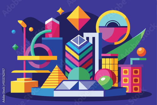 Geometric abstract form in a vector sculpture concept showcasing colorful shapes and structures in a vibrant design environment