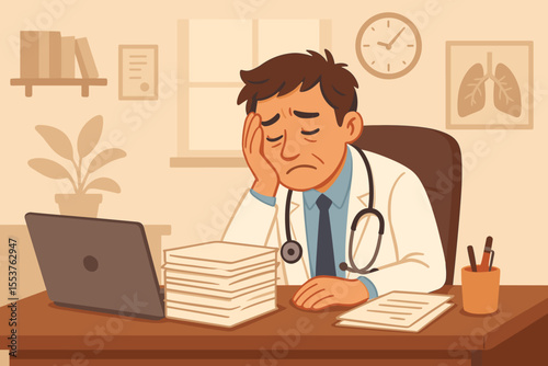 Stressed overworked doctor at desk with paperwork, stethoscope, laptop in medical office. Exhausted physician overwhelmed by administrative tasks. Healthcare professional burnout concept illustration