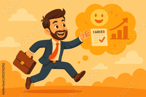 Ambitious businessman running toward dream career success and happiness, briefcase in hand, growth chart and smiley face, professional achievement, motivation, cartoon vector illustration