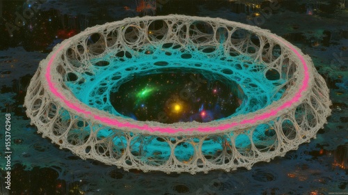 Abstract Cosmic Structure with Luminous Circles and Bright Stars in a Dark Universe Background Emphasizing Beauty of Space Exploration