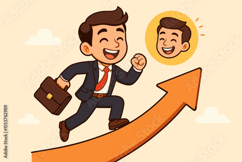 Ambitious businessman running up arrow towards success and career growth, cartoon vector illustration. Professional achievement, motivation, leadership, opportunity, business goals, self-improvement.