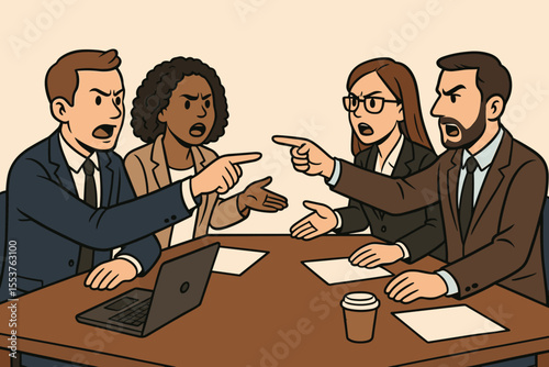 Business team conflict discussion, diverse professionals arguing, pointing fingers, heated debate, disagreement at office meeting table, corporate negotiation, teamwork problem, vector illustration