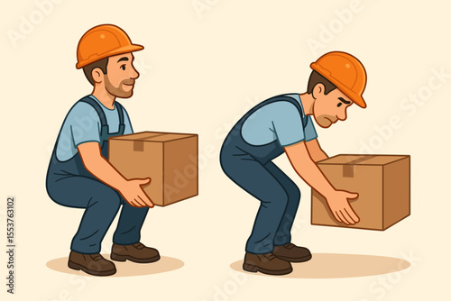 Proper and Improper Lifting Techniques for Manual Handling Safety. Male Worker Demonstrating Safe and Unsafe Box Lifting Postures. Occupational Health, Workplace Injury Prevention Vector Illustration