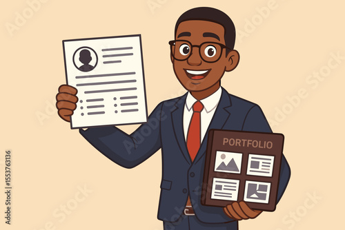 Professional in Business Suit Presenting Resume and Portfolio for Job Interview, Career Opportunity, Recruitment, Employment Application, Candidate Selection, Human Resources Vector Illustration