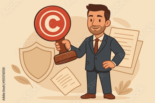 Cartoon businessman in suit holding large copyright stamp symbol, legal protection of intellectual property, creative rights ownership, copyright law, shield and documents, vector illustration