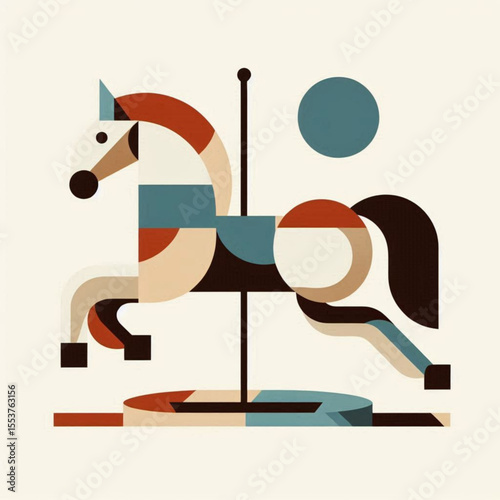 Geometric abstract illustration of a carousel horse in vibrant colors on a light background