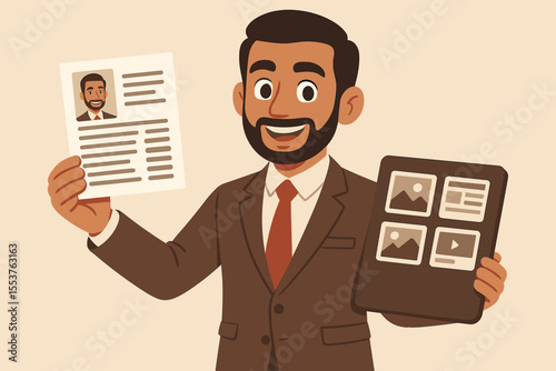 Business professional presenting resume and portfolio for job interview, career opportunity, recruitment, employment application, candidate selection, HR process, hiring, vector illustration