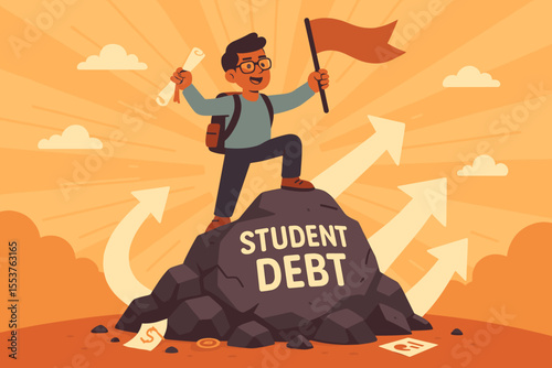Overcoming Student Debt Challenge. Graduate Standing on Rock with Diploma and Flag. Success, Financial Freedom, Achievement, Education Loan Concept. Motivational Vector Illustration, Upward Arrows