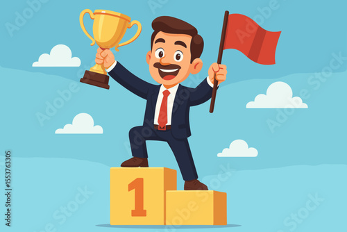 Businessman Celebrating Success Standing on First Place Podium Holding Trophy and Red Flag, Leadership Achievement, Winner Concept, Victory Award, Motivation, Cartoon Vector Illustration