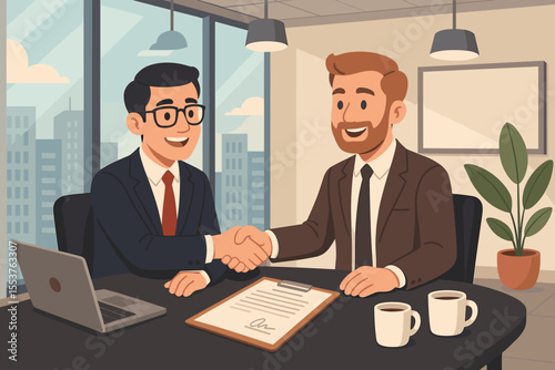 Business partnership handshake, contract agreement, successful deal, corporate negotiation, teamwork collaboration, modern office, professional meeting, vector illustration, business success