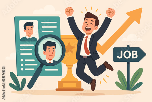 Successful job search and recruitment concept with happy businessman celebrating new career opportunity, resume selection, magnifying glass, trophy, upward arrow, employment growth vector illustration