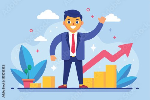 Business leadership professional celebrating growth and development in a vibrant, colorful setting, showcasing upward trends and achievements in a corporate environment
