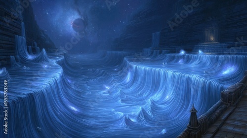 Ethereal Nighttime Scene with Cosmic Elements and Flowing Water Surrounded by Starry Sky and Mysterious Landscape