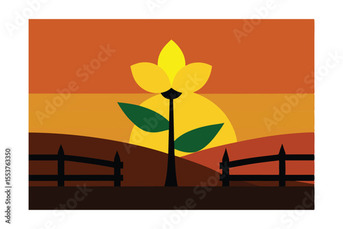 Sunset Landscape Illustration Simple Flower Silhouette Against Vibrant Sky