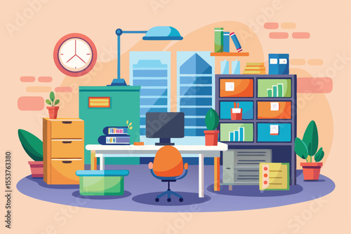Modern office facilities with cartoon design showcasing workspace arrangement, decor, and city view in vibrant colors during daytime