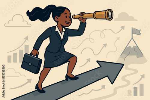 Ambitious businesswoman with telescope looking ahead, navigating career growth and opportunities, leadership vision, strategic planning, success, overcoming challenges, vector illustration